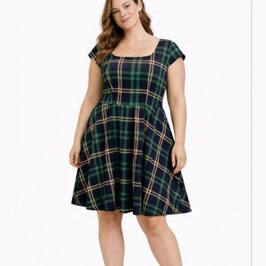 Pukavt Blue and Green Plaid Cap Sleeve Midi Dress Size 2XL